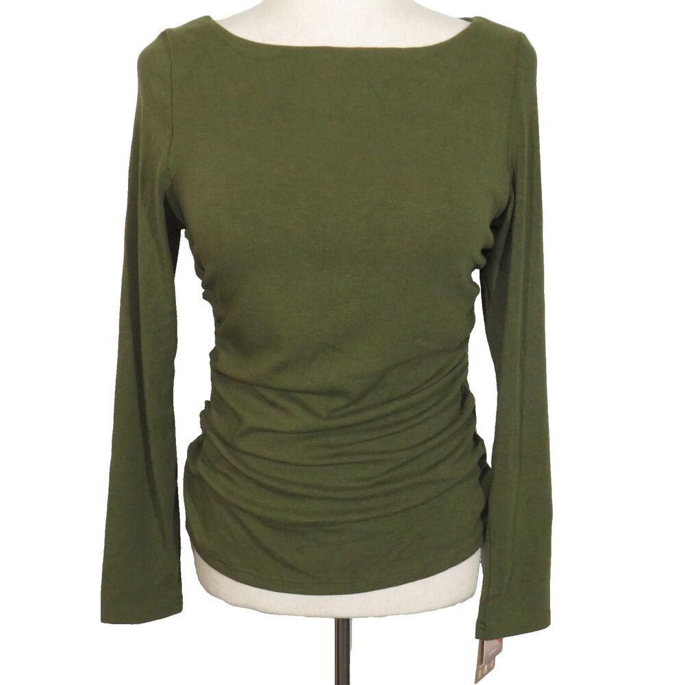 OGL Eco Mousse LiteWarm Side Ruched Long Sleeve Boat Neck Bra Top Olive Size M